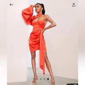 ASOS LUXE satin extreme drape one sleeve dress in hot red